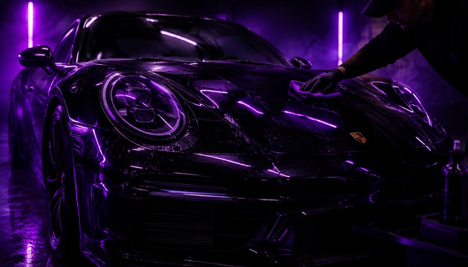 A black sports car being detailed under purple lighting